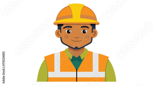 Construction worker wearing helmet and safety vest smiles at the camera in a cartoon illustration