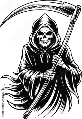 Grim Reaper with Scythe Black and White Illustration