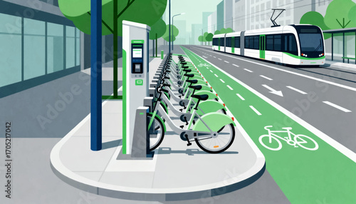 Urban bike sharing station with a tram passing by, showcasing sustainable transportation options in a city setting.
