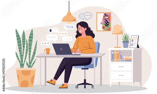 Young woman working online in cozy home office. Vector illustration