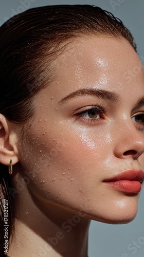 A woman with wet hair and a gold earring