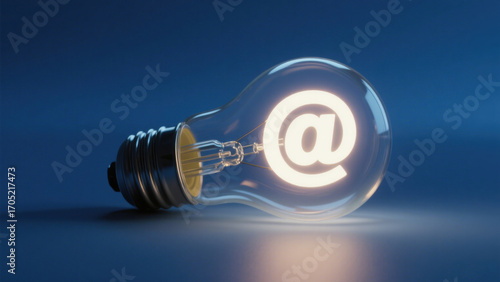 Transparent Incandescent Bulb with Glowing @ Symbol Inside on Gradient Blue Background - Symbolizing Digital Communication and Innovation in Modern Design