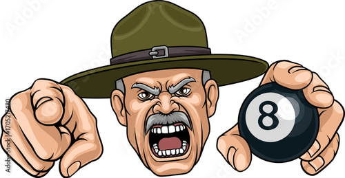 An angry drill instructor or sergeant bootcamp army soldier cartoon character holding billiards pool 8 ball and pointing sports team mascot illustration.