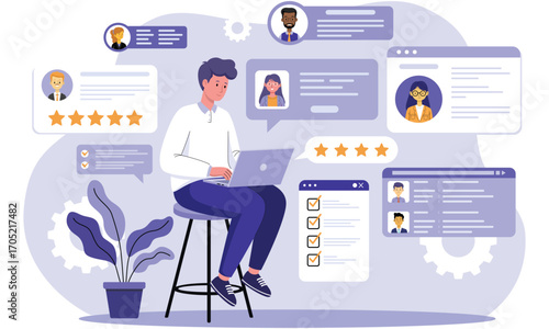 Man working on laptop with rating and profile data. Vector illustration