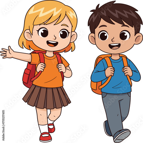 Children walking together cartoon, school friendship illustration, cheerful student characters, backpacks and conversation, educational vector, social interaction scene