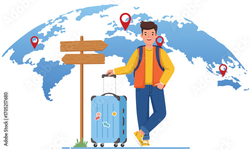 Male Traveler with Luggage and World Map. Vector illustration