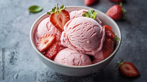 72.A bowl of strawberry ice cream with a rich, creamy texture and soft pink color. Topped with sliced strawberries and a drizzle of syrup, the dessert exudes freshness and indulgence, perfect for