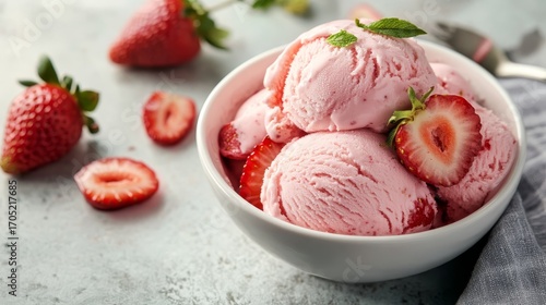 72.A bowl of strawberry ice cream with a rich, creamy texture and soft pink color. Topped with sliced strawberries and a drizzle of syrup, the dessert exudes freshness and indulgence, perfect for