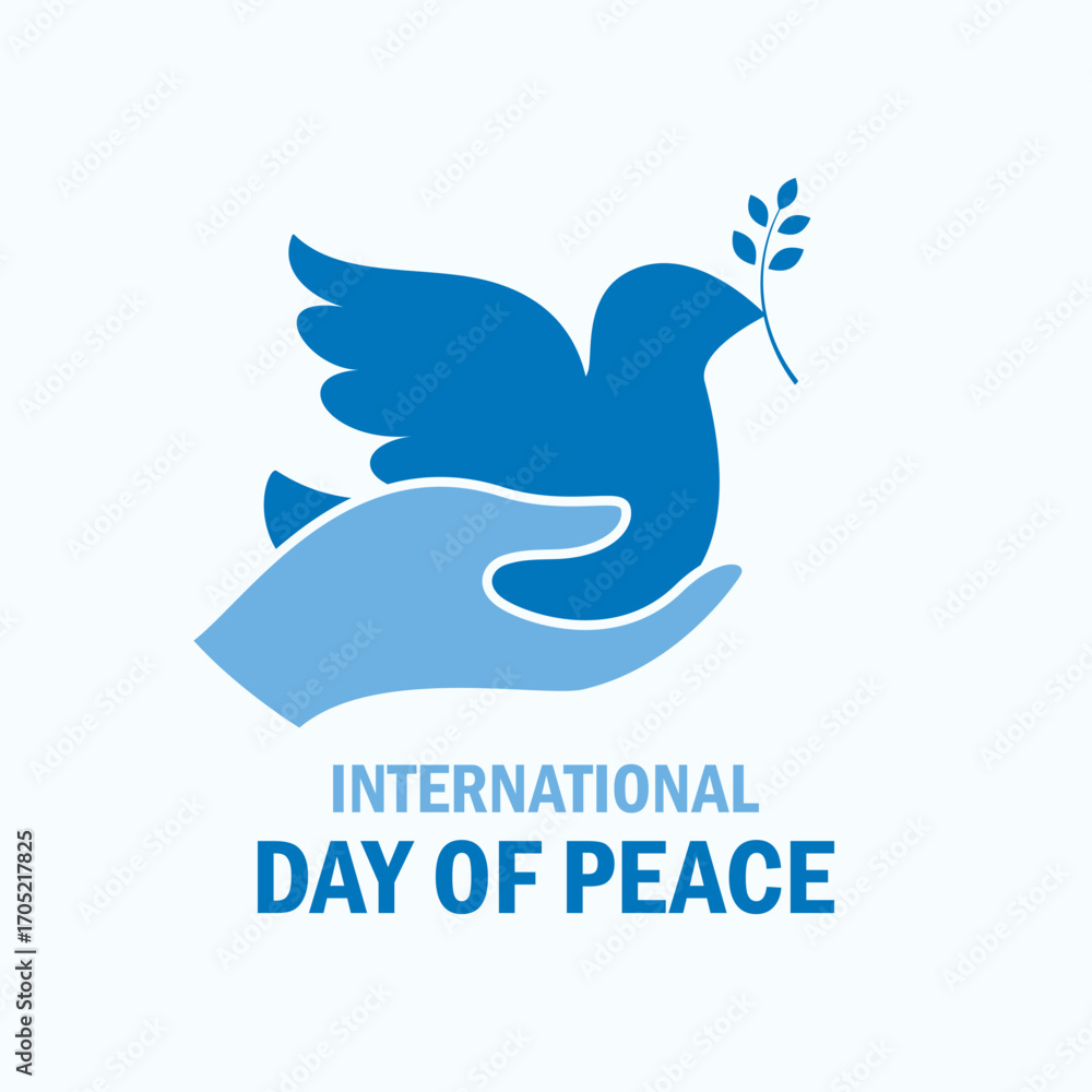Fototapeta premium International Day of Peace poster with abstract dove in palm vector illustration. Stylized dove with olive branch in hand simple blue icon. Template for background, banner, card. 21 September