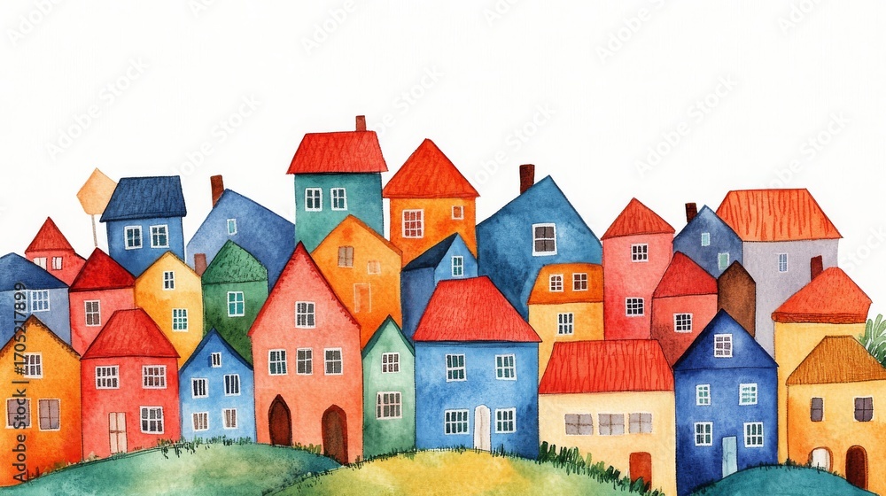 Naklejka premium 94.A cheerful hand-drawn watercolor postcard design showcasing houses in vivid red, blue, green, and orange colors. The houses are arranged in a charming neighborhood scene, with soft, flowing lines