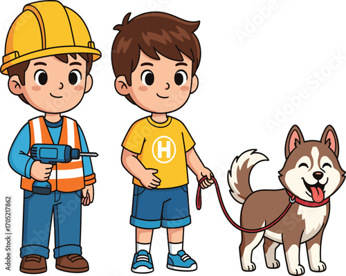 Children with husky cartoon, construction role-play illustration, pet care vector, playful character design, outdoor activity scene, creative learning asset