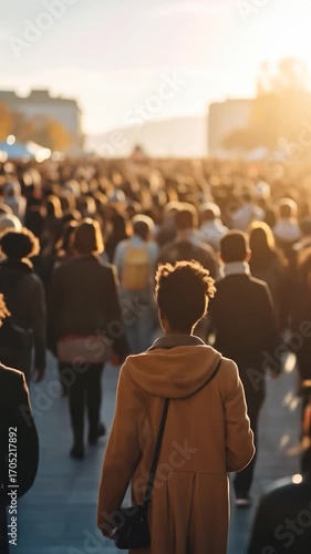 Crowd of pedestrians walking on city street, bathed in golden sunlight