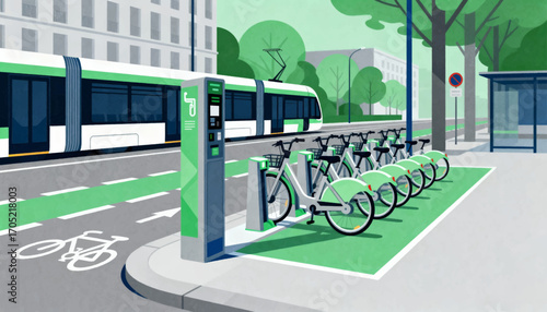 Modern city street scene with a row of green rental bikes docked at a charging station, a tram passing by, and a designated bike lane.