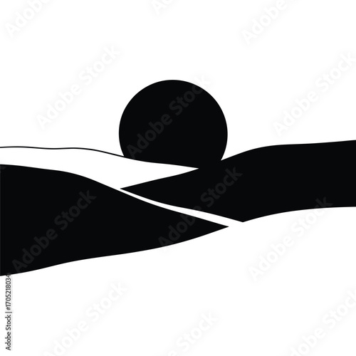 Black abstract landscape with a large black circle representing the sun or moon over rolling hills white
