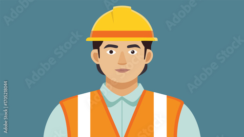 Construction worker wearing safety gear with a helmet posing against a blue background