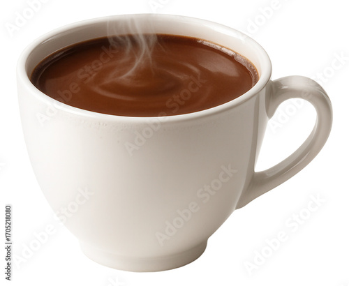 White porcelain cup containing hot chocolate, steam swirling above the surface, and tiny droplets collecting on the rim