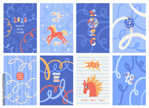 Happy New Year 2026 winter backgrounds set. Hand drawn greeting card poster rectangle templates collection. Serpentine spiral doodle uneven lines stripes pattern. Fire horse cartoon cute illustration