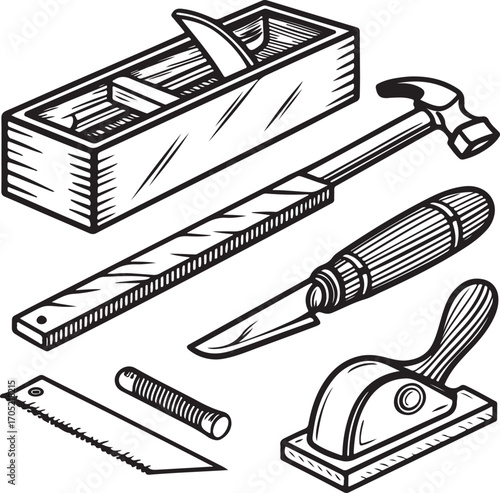 Vector drawing of traditional carpentry tools in a wooden box, perfect for workshop construction and DIY repair.