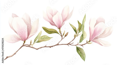 29.A delicate watercolor vector of pink magnolia flowers blooming on a slender tree branch. The soft pink petals and lush green leaves are painted in fine detail, making it perfect for use as a