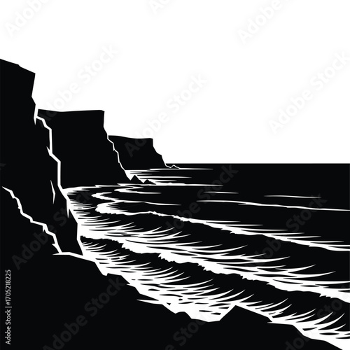 Black and white graphic illustration of a rocky coastline with waves vector