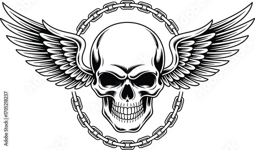 Black and white winged skull with chain emblem wings