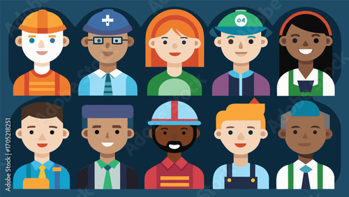 Group of diverse professionals showcasing various careers and teamwork in a colorful illustration