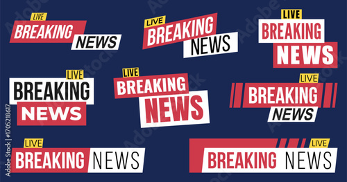 Flat style breaking news alerts with live tags and high contrast design, suited for video content, social media news, and real-time reporting. Perfect for media broadcasts, streaming overlays, and