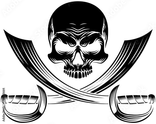 Pirate skull crossbones with crossing sabers or scimitar cutlass pirate swords. In a vintage retro woodcut style.