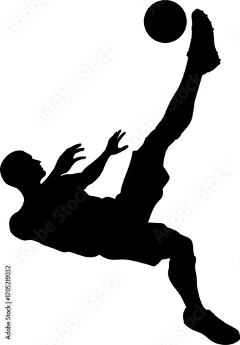 A football soccer player sports man in silhouette performing a scorpion kick.