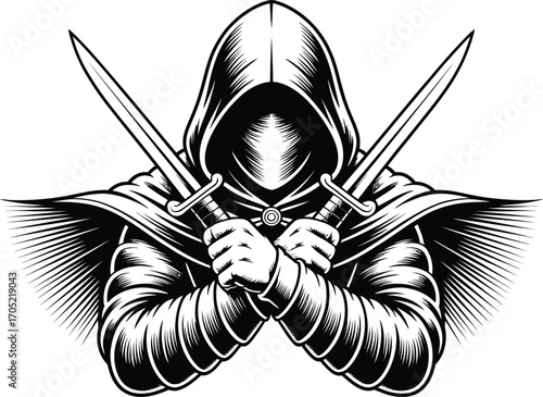 Hooded figure with crossed swords black and white illustration