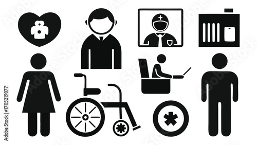 Healthcare symbols representing various aspects of patient care and medical services in a simple graphic style