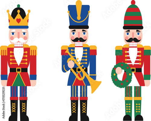 Christmas nutcracker illustration, festive toy soldier vector, holiday decoration clipart, colorful character design with trumpet, wreath, crown and uniform