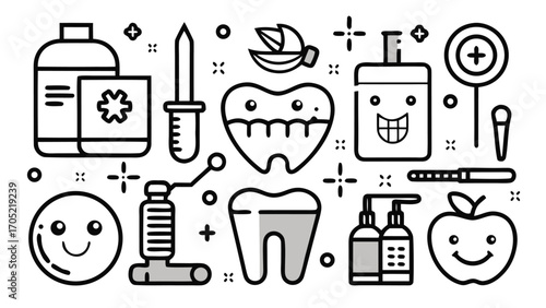Dental care essentials illustrated with fun and engaging graphics for children and adults alike