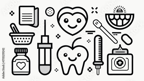 Fun dental and health symbols arranged in playful design featuring hearts, teeth, and medical tools