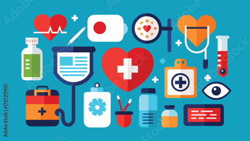 Various medical icons including heart, stethoscope, and medicine on a bright blue background