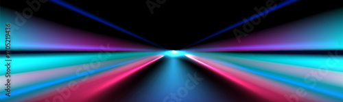 Abstract speed light streak with neon pink and blue trails on dark highway for futuristic motion backgrounds. Vibrant glow lines with red accents for technology or racing concepts. Futuristic bg.