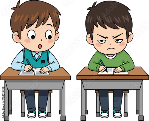 Classroom interaction cartoon, boys writing at desk, emotional school scene, distraction and conflict illustration, educational character design, test moment