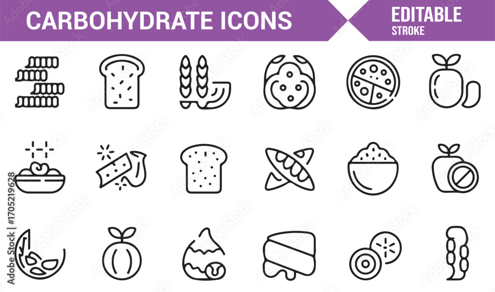 Fototapeta premium Organic carbohydrate icons including wheat, rice, pasta, and healthy produce