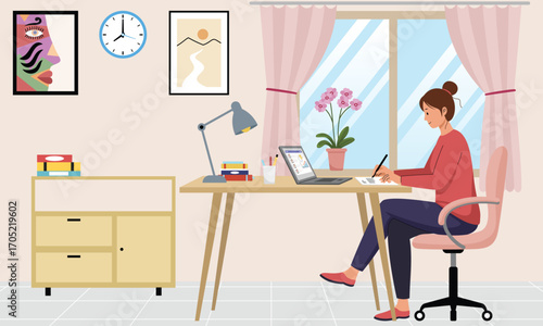 Woman Working Remotely from Home Office. Vector illustration