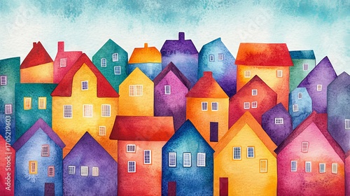 79.Ready-Made Postcard Design - Northern Colorful Houses Background - Hand-Drawn Watercolor Illustration