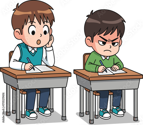 Classroom test cartoon, boys writing at desk, emotional school scene, confused and frustrated expressions, educational character design, exam moment