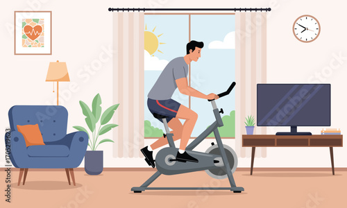 Man Exercising on Stationary Bike at Home. Vector illustration