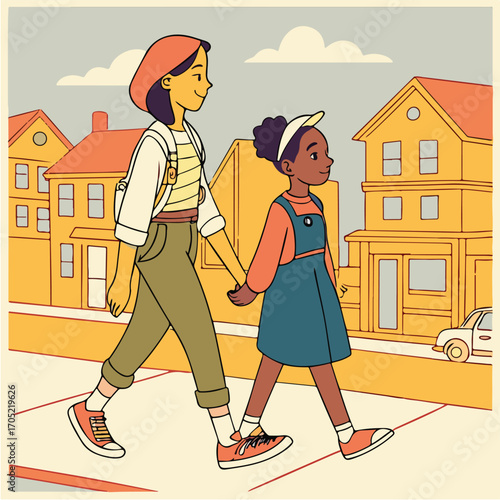 Happy children walking on the street with backpacks, enjoying outdoor lifestyle and school routine.