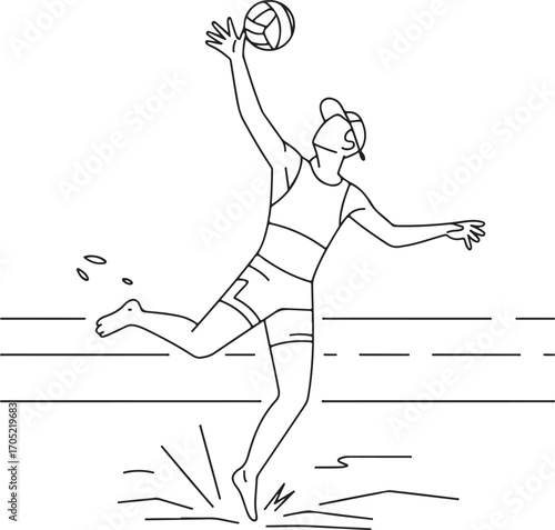 Beach volleyball player jumping to hit ball line art