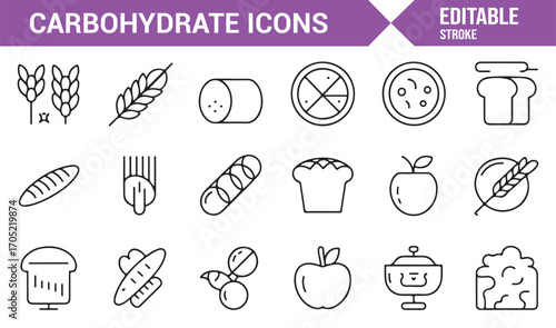 Minimal outline icons of carbohydrate meals for wellness, diet, and healthcare use