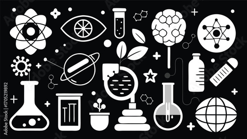 Science symbols in white on black background forming a cohesive and modern educational design