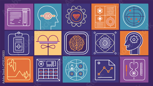 Creative representation of data analysis concepts and mental processes in bright colors and geometric shapes