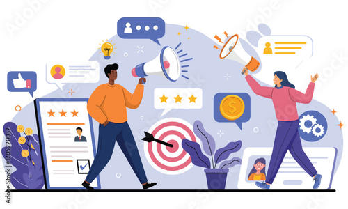 People Promoting Business through Social Media. Vector illustration