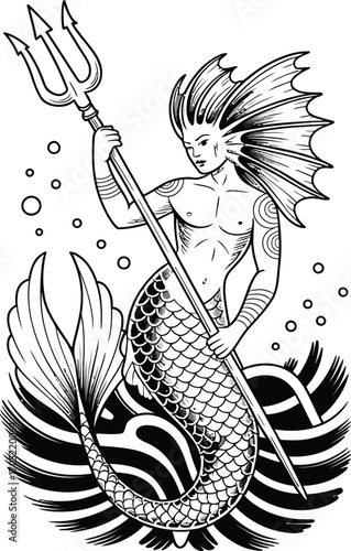 Male merman holding trident with fish tail and fins
