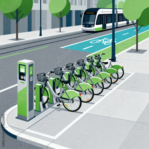 Urban bike share station with a light rail transit system in the background.
